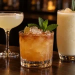 Three rum cocktails, including a Mai Tai, Daiquiri, and Piña Colada, on a bar counter.