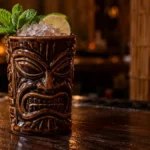 Tiki cocktail in a carved ceramic mug with crushed ice, mint, and lime on a wooden bar.