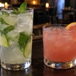 Lime and mint mocktail beside a pink citrus mocktail.