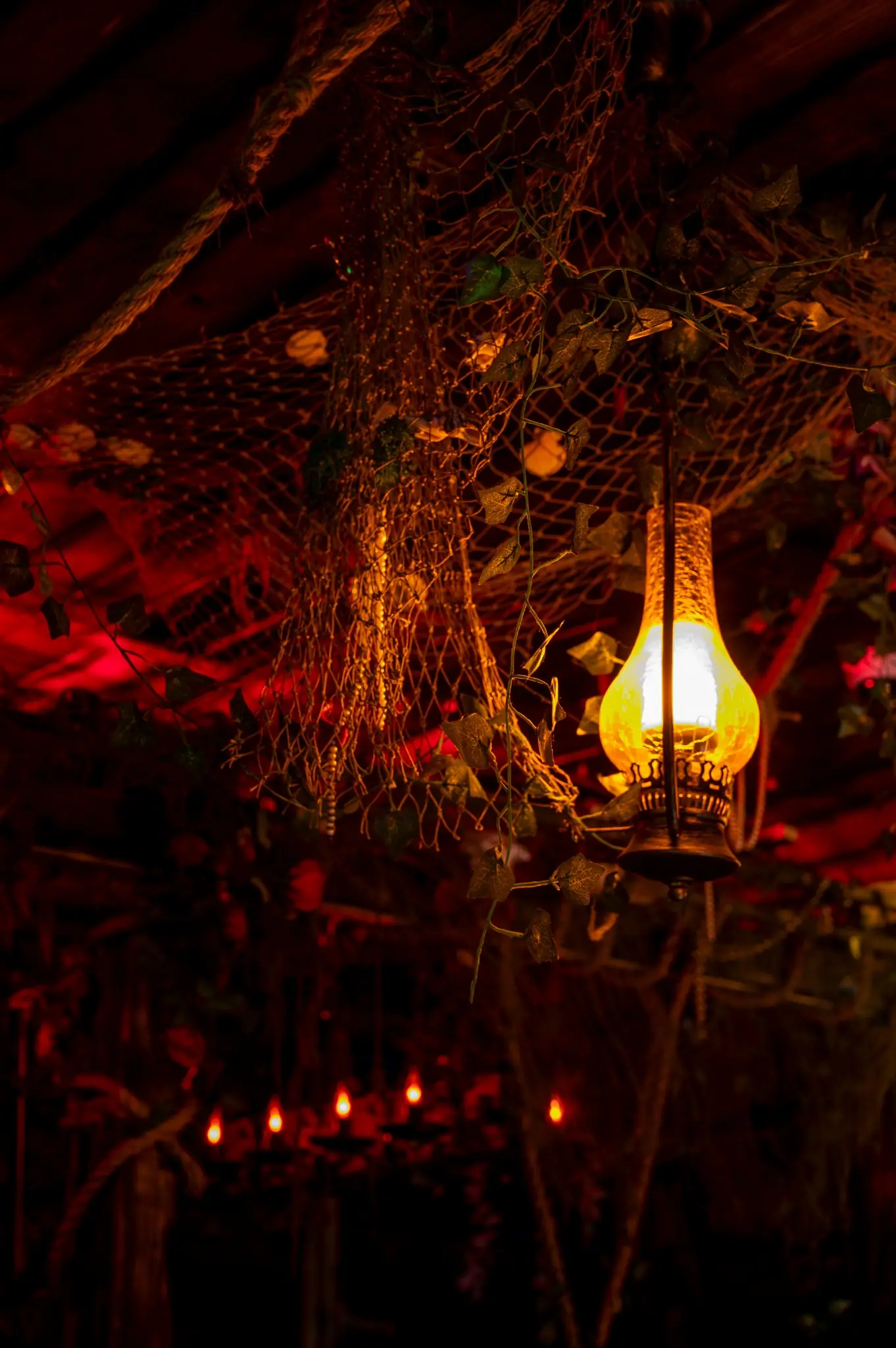 Glowing lantern among fishing nets and hanging vines inside Stray Pirate.